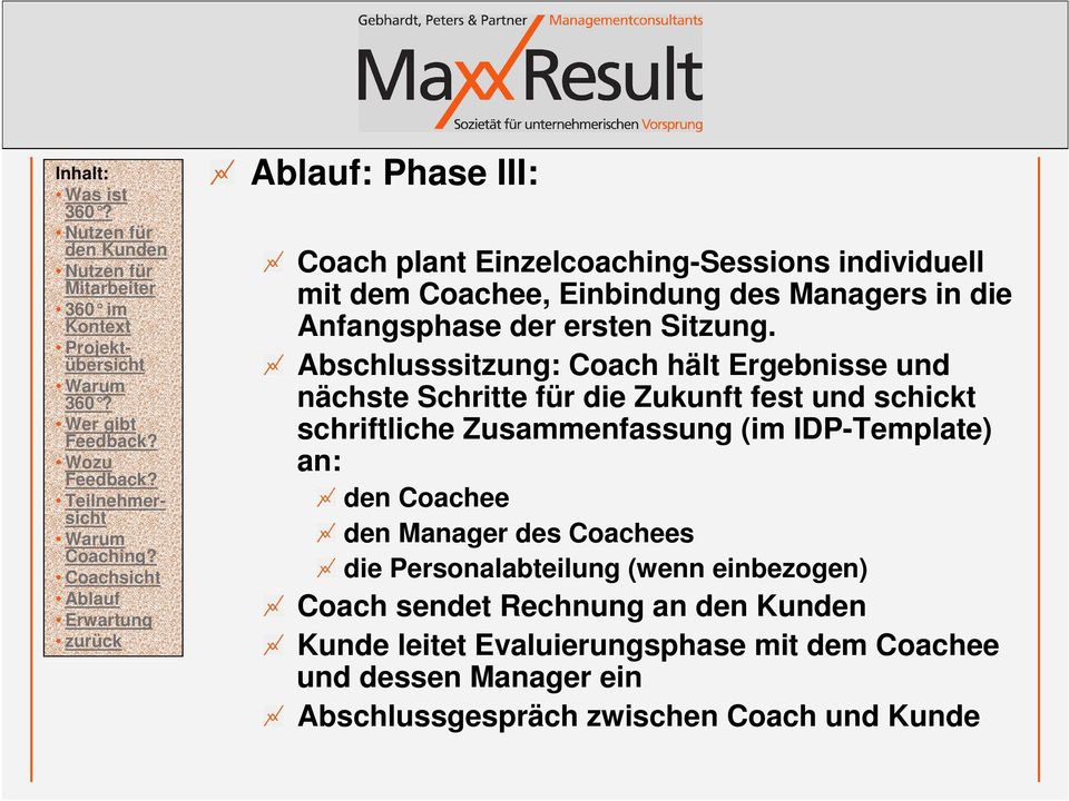 Abschlusssitzung: Coach hält Ergebnisse und nächste Schritte für die Zukunft fest und schickt schriftliche Zusammenfassung (im