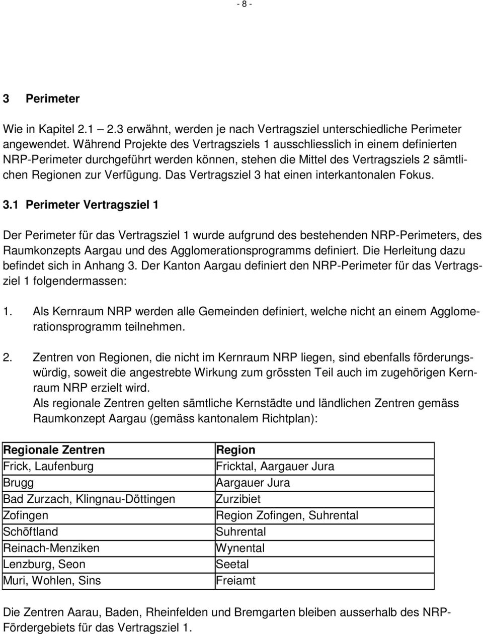 Das Vertragsziel 3 hat einen interkantonalen Fokus. 3.1 Perimeter Vertragsziel 1 Der Perimeter für das Vertragsziel 1 wurde aufgrund des bestehenden NRP-Perimeters, des Raumkonzepts Aargau und des Agglomerationsprogramms definiert.