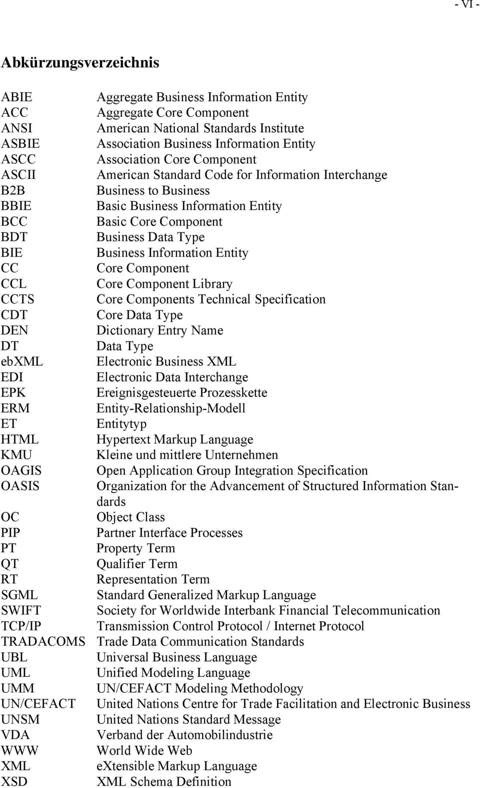 Business Information Entity CC Core Component CCL Core Component Library CCTS Core Components Technical Specification CDT Core Data Type DEN Dictionary Entry Name DT Data Type ebxml Electronic