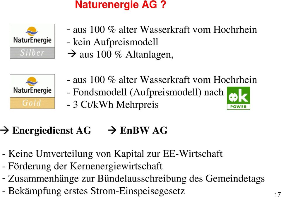 Wasserkraft vom Hochrhein - Fondsmodell (Aufpreismodell) nach - 3 Ct/kWh Mehrpreis Energiedienst AG EnBW