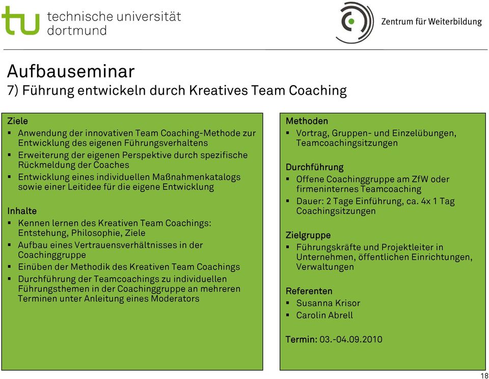 Coachings: Entstehung, Philosophie, Ziele Aufbau eines Vertrauensverhältnisses in der Coachinggruppe Einüben der Methodik des Kreativen Team Coachings Durchführung der Teamcoachings zu individuellen