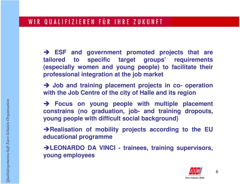 its region Focus on young people with multiple placement constrains (no graduation, job- and training dropouts, young people with difficult social