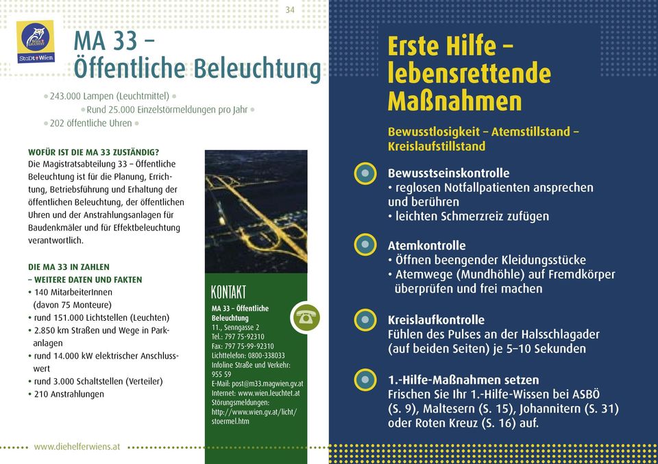 Baudenkmäler und für Effektbeleuchtung verantwortlich. DIE MA 33 IN ZAHLEN WEITERE DATEN UND FAKTEN 140 MitarbeiterInnen (davon 75 Monteure) rund 151.000 Lichtstellen (Leuchten) 2.