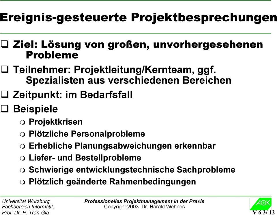 Spezialisten aus verschiedenen Bereichen Zeitpunkt: im Bedarfsfall Beispiele Projektkrisen Plötzliche