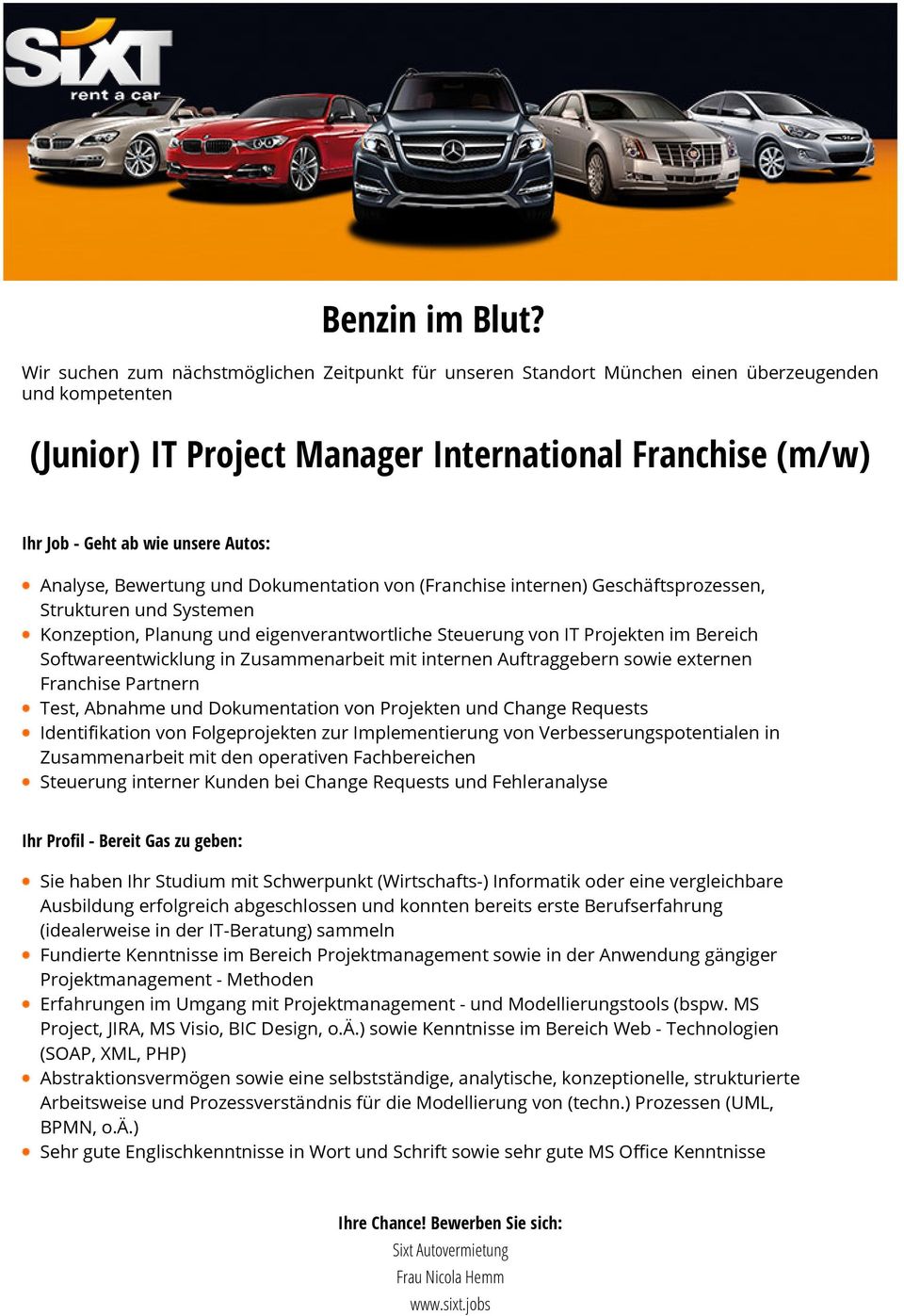 Dokumentation von (Franchise internen) Geschäftsprozessen, Strukturen und Systemen Konzeption, Planung und eigenverantwortliche Steuerung von IT Projekten im Bereich Softwareentwicklung in