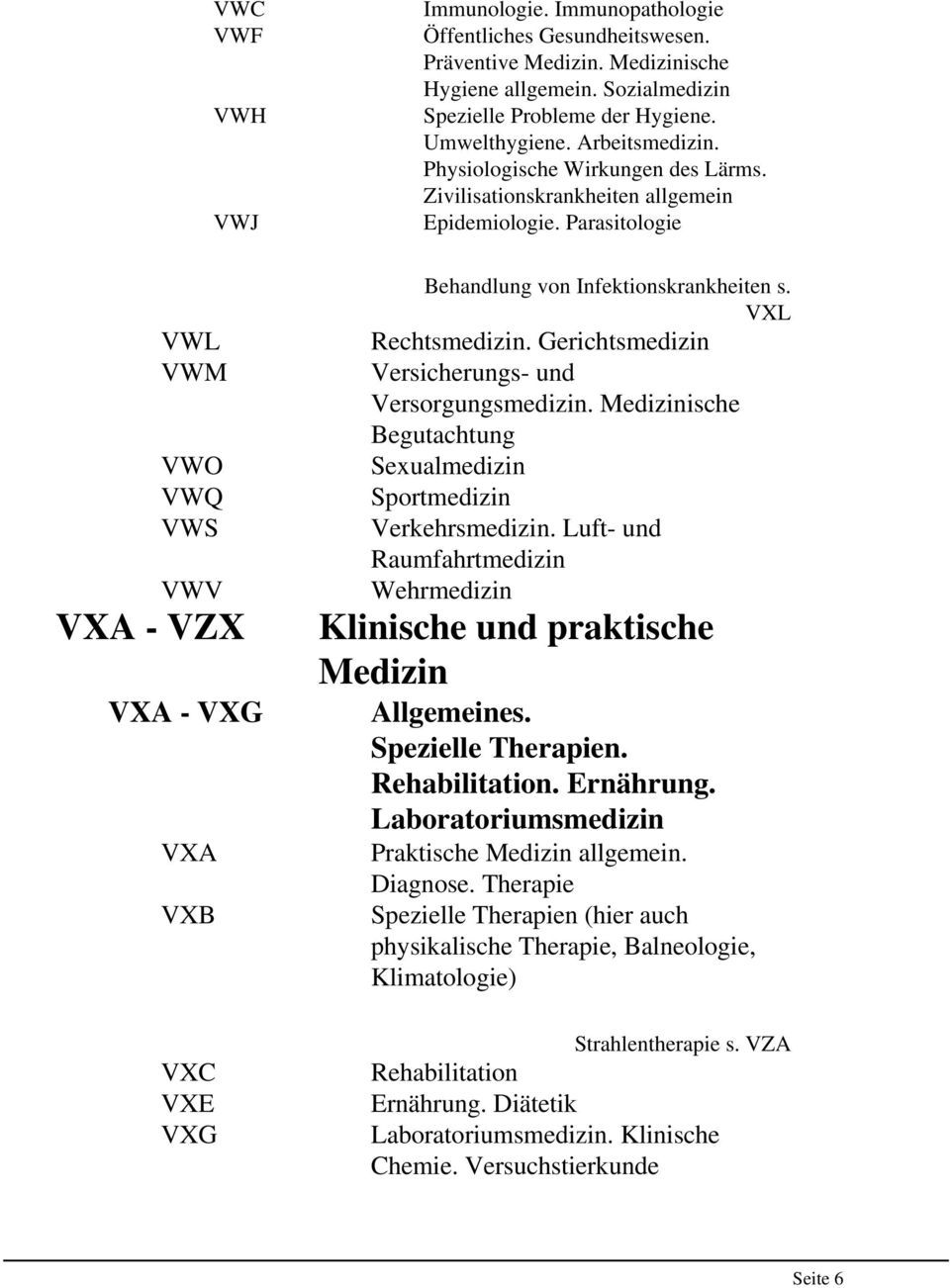 Parasitologie VWL VWM VWO VWQ VWS VWV VXA - VZX VXA - VXG VXA VXB Behandlung von Infektionskrankheiten s. VXL Rechtsmedizin. Gerichtsmedizin Versicherungs- und Versorgungsmedizin.