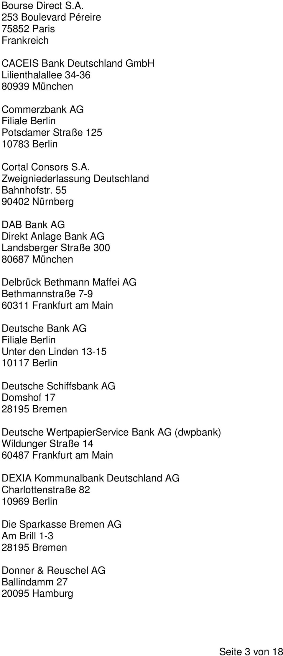 55 90402 Nürnberg DAB Bank AG Direkt Anlage Bank AG Landsberger Straße 300 80687 München Delbrück Bethmann Maffei AG Bethmannstraße 7-9 60311 Frankfurt am Main Deutsche Bank AG Filiale Berlin Unter