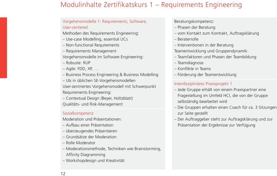 SE-Vorgehensmodellen User-zentriertes Vorgehensmodell mit Schwerpunkt Requirements Engineering: Contextual Design (Beyer, Holtzblatt) Qualitäts- und Risk-Management Sozialkompetenz Moderation und