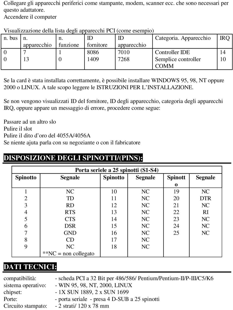 Apparecchio IRQ apparecchio funzione fornitore apparecchio 0 7 1 8086 70 Controller IDE 14 0 13 0 1409 7268 Semplice controller COMM Se la card è stata installata correttamente, è possibile