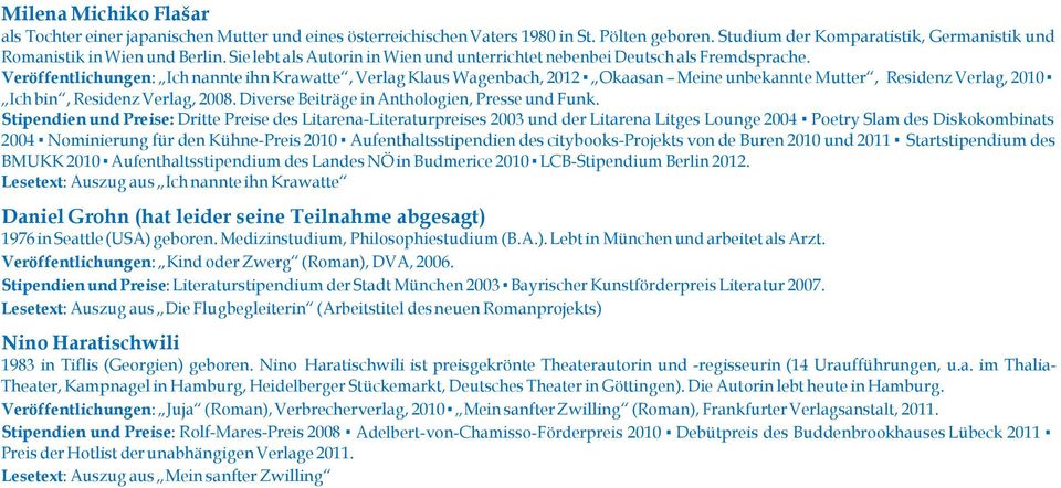 Veröffentlichungen: Ich nannte ihn Krawatte, Verlag Klaus Wagenbach, 2012 Okaasan Meine unbekannte Mutter, Residenz Verlag, 2010 Ich bin, Residenz Verlag, 2008.