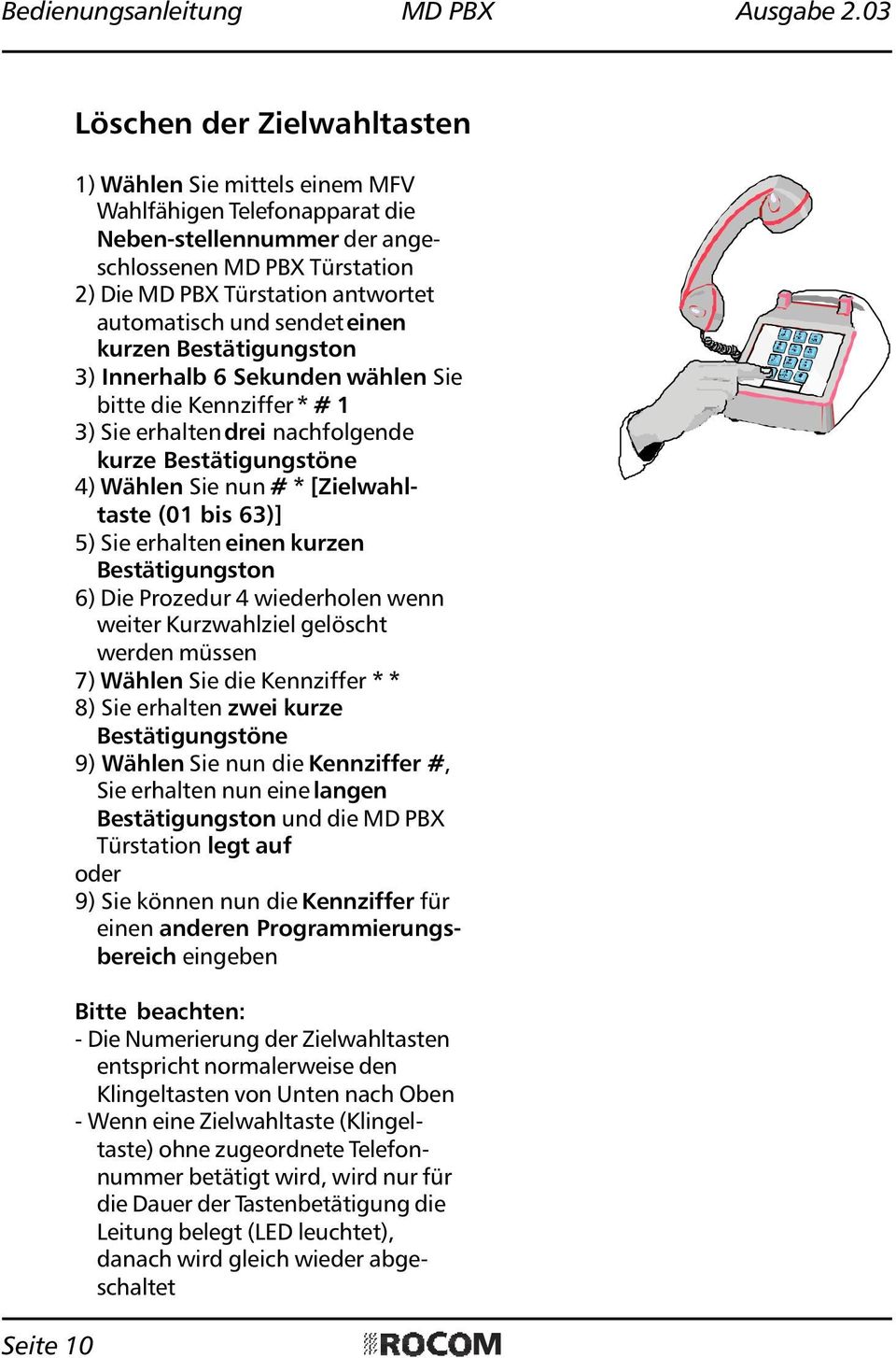 [Zielwahltaste (01 bis 63)] 5) Sie erhalten einen kurzen Bestätigungston 6) Die Prozedur 4 wiederholen wenn weiter Kurzwahlziel gelöscht werden müssen 7) Wählen Sie die Kennziffer * * 8) Sie erhalten