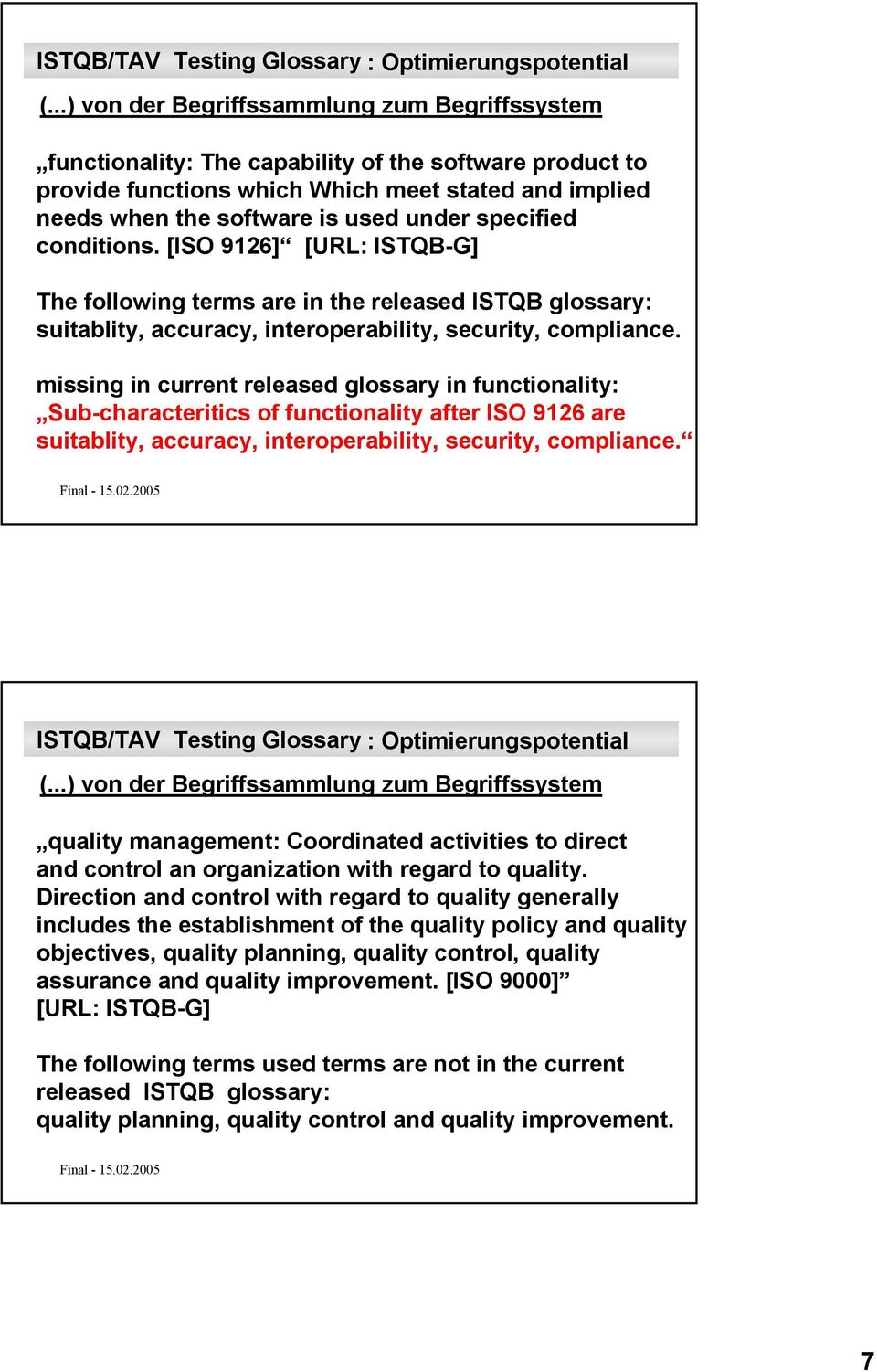 specified conditions. [ISO 9126] [URL: ISTQB-G] The following terms are in the released ISTQB glossary: suitablity, accuracy, interoperability, security, compliance.