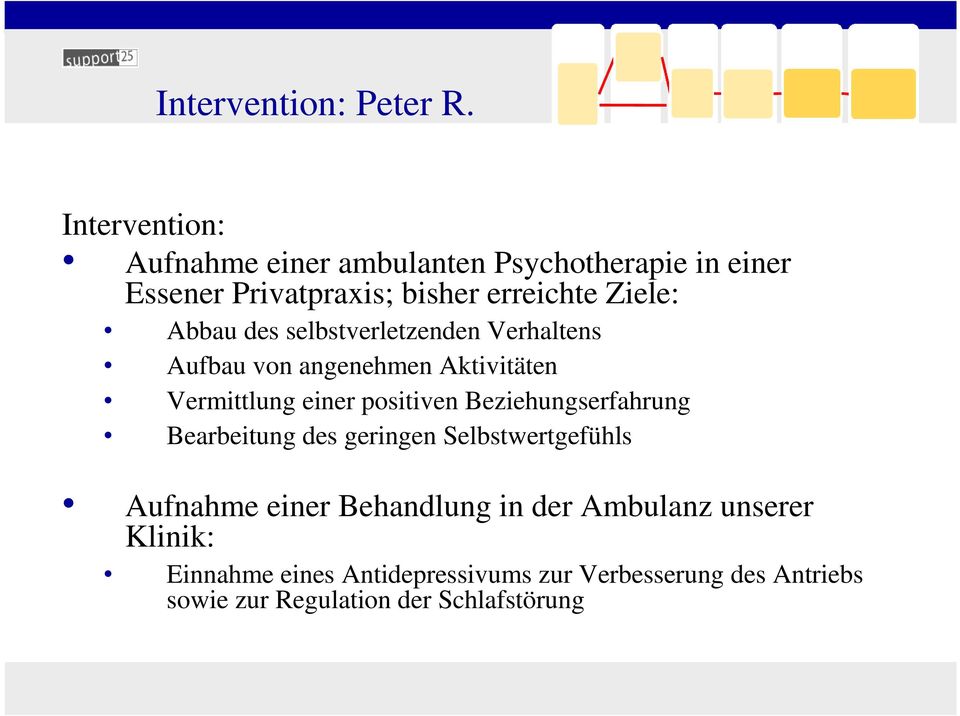 Abbau des selbstverletzenden Verhaltens Aufbau von angenehmen Aktivitäten Vermittlung einer positiven