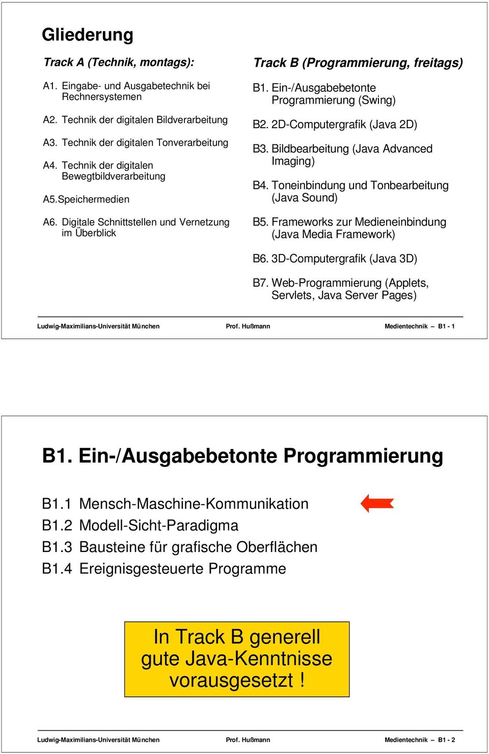 Ein-/Ausgabebetonte Programmierung (Swing) B2. 2D-Computergrafik (Java 2D) B3. Bildbearbeitung (Java Advanced Imaging) B4. Toneinbindung und Tonbearbeitung (Java Sound) B5.