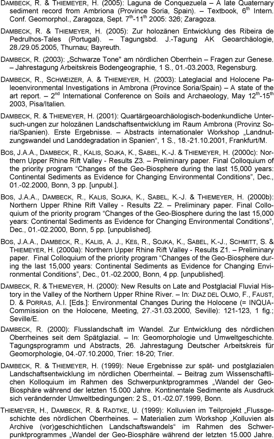 DAMBECK, R. (2003): Schwarze Tone" am nördlichen Oberrhein Fragen zur Genese. Jahrestagung Arbeitskreis Bodengeographie, 1 S., 01.-03.2003, Regensburg. DAMBECK, R., SCHWEIZER, A. & THIEMEYER, H.