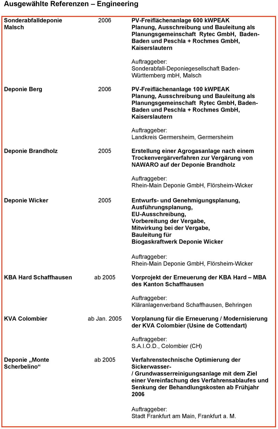 GmbH, Baden- Baden und Peschla + Rochmes GmbH, Kaiserslautern Landkreis Germersheim, Germersheim Brandholz 2005 Erstellung einer Agrogasanlage nach einem Trockenvergärverfahren zur Vergärung von