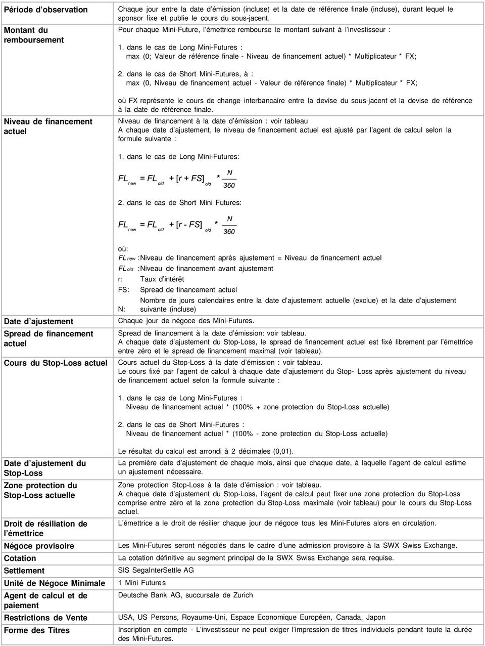 dans le cas de Mini-Futures : max (0; Valeur de référence finale - Niveau de financement actuel) * Multiplicateur * FX; 2.