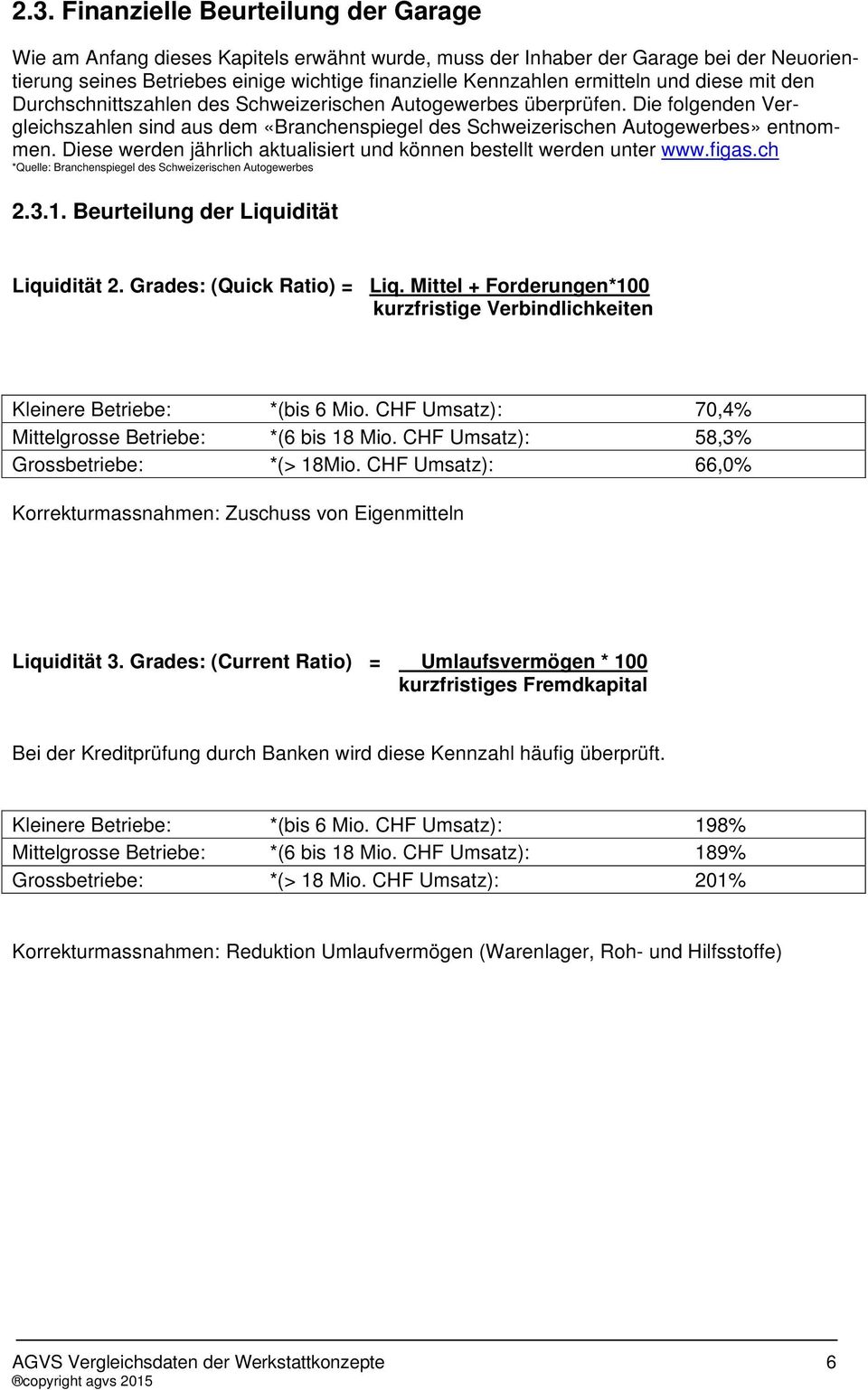 Diese werden jährlich aktualisiert und können bestellt werden unter www.figas.ch *Quelle: Branchenspiegel des Schweizerischen Autogewerbes 2.3.1. Beurteilung der Liquidität Liquidität 2.