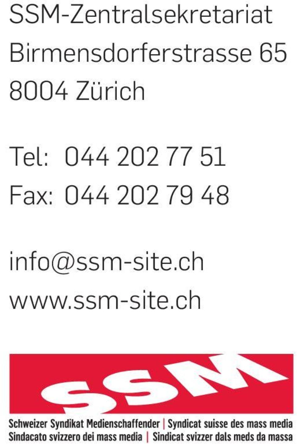 Zürich Tel: 044 202 77 51 Fax: