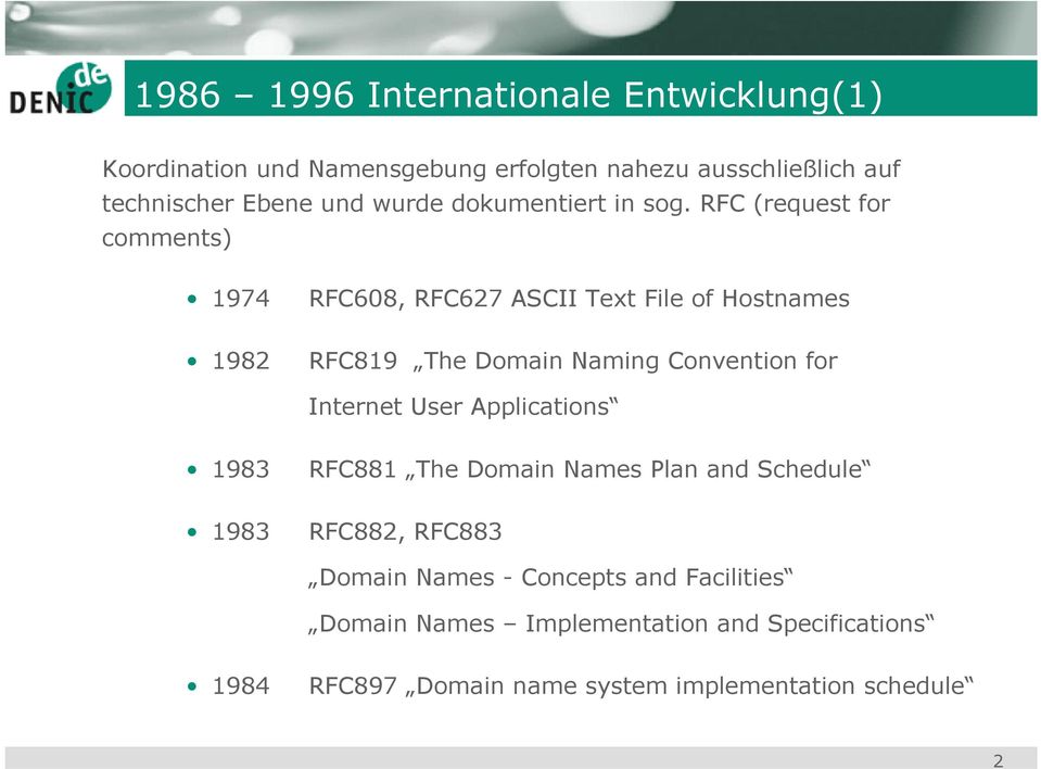 RFC (request for comments) 1974 1982 RFC608, RFC627 ASCII Text File of Hostnames RFC819 The Domain Naming Convention for
