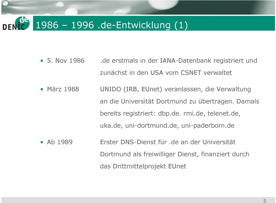 EUnet) veranlassen, die Verwaltung an die Universität Dortmund zu übertragen. Damals bereits registriert: dbp.de.