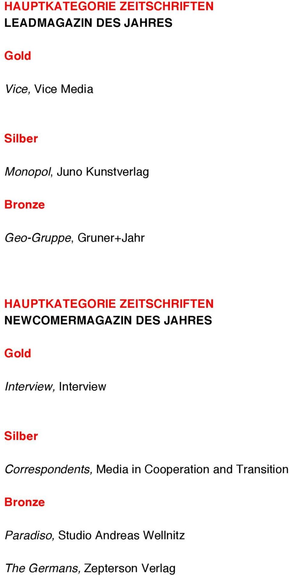 NEWCOMERMAGAZIN DES JAHRES Interview, Interview Correspondents, Media in