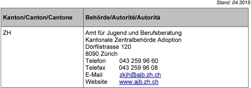 Zürich Telefon 043 259 96 60 Telefax 043 259