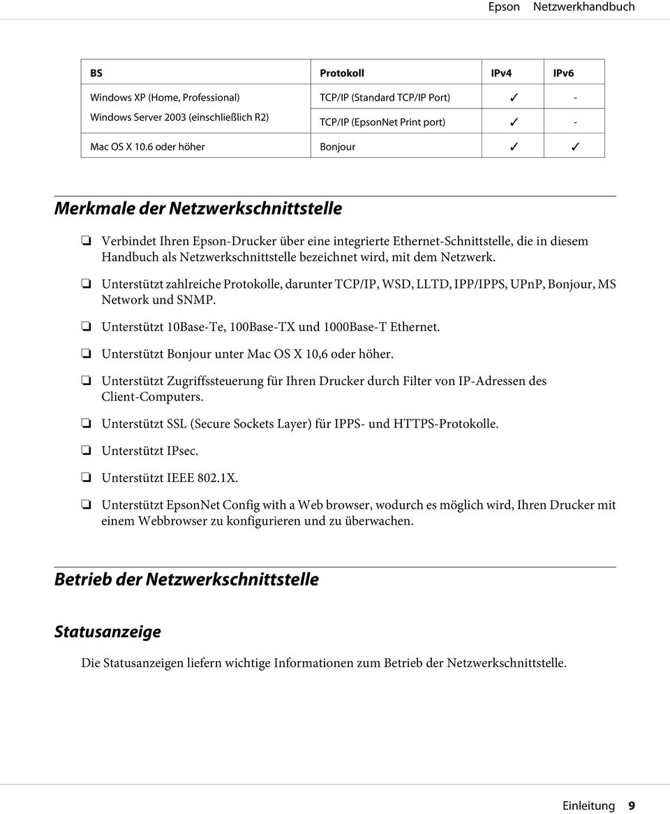 mit dem Netzwerk. Unterstützt zahlreiche Protokolle, darunter TCP/IP, WSD, LLTD, IPP/IPPS, UPnP, Bonjour, MS Network und SNMP. Unterstützt 10Base-Te, 100Base-TX und 1000Base-T Ethernet.