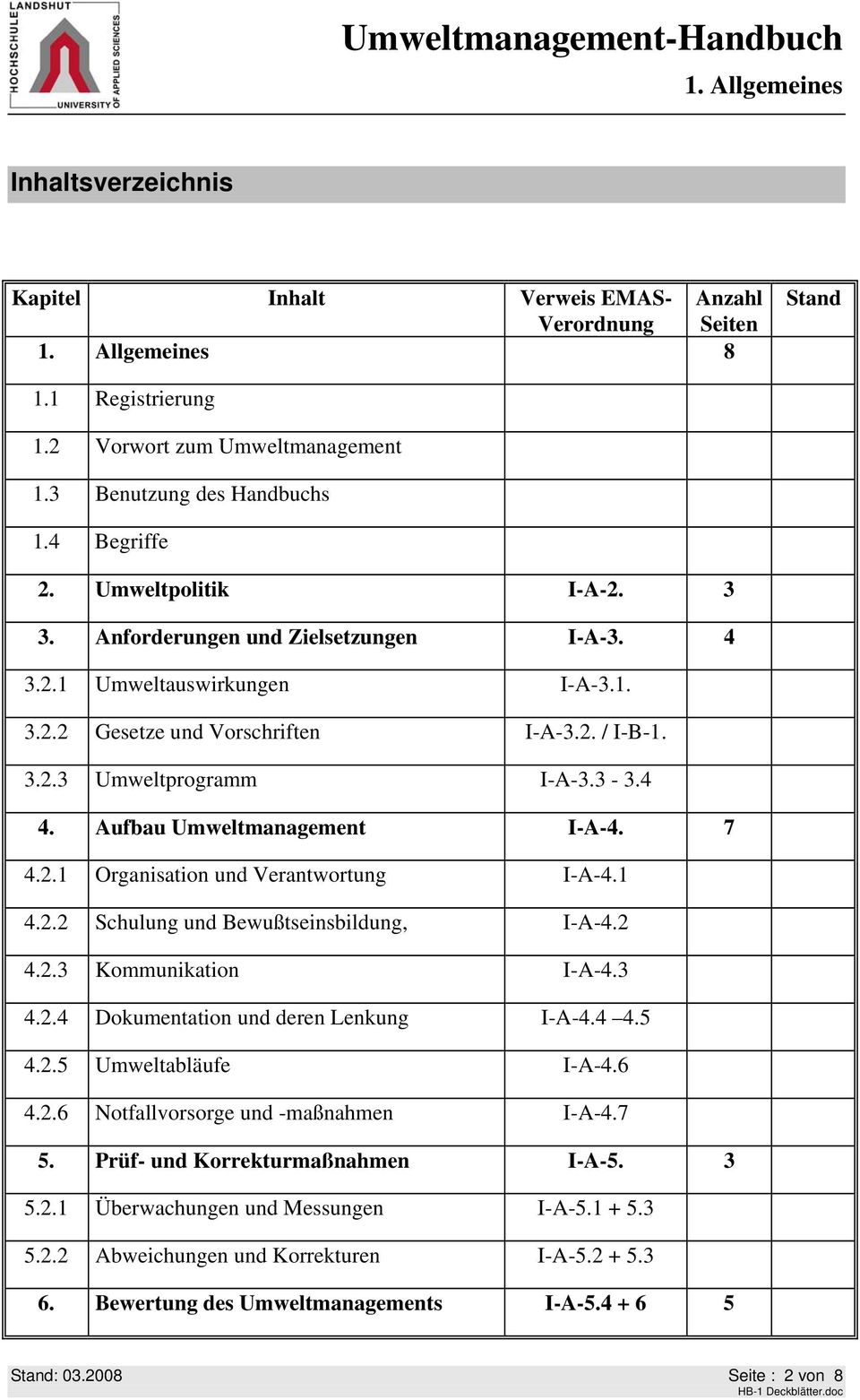 2.1 Organisation und Verantwortung I-A-4.1 4.2.2 Schulung und Bewußtseinsbildung, I-A-4.2 4.2.3 Kommunikation I-A-4.3 4.2.4 Dokumentation und deren Lenkung I-A-4.4 4.5 4.2.5 Umweltabläufe I-A-4.6 4.2.6 Notfallvorsorge und -maßnahmen I-A-4.