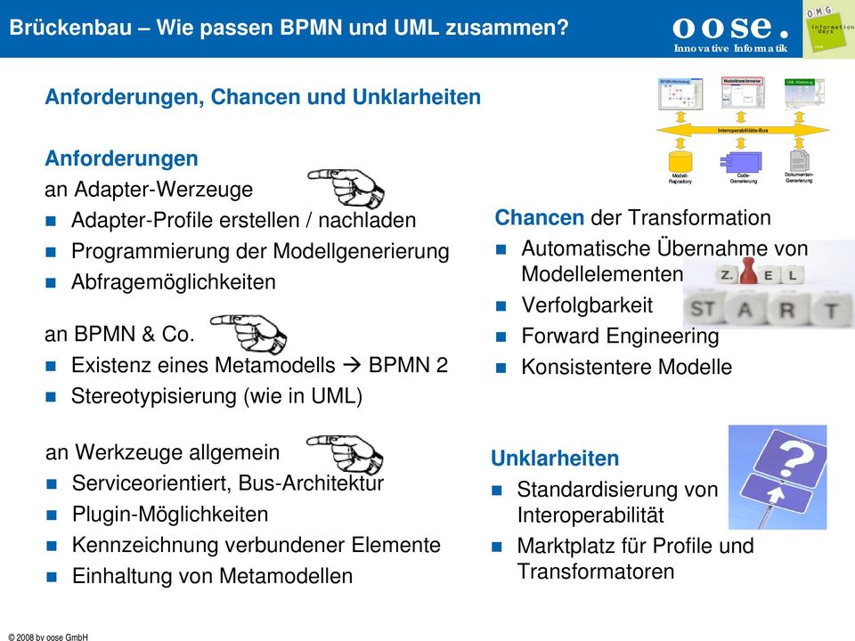 Existenz eines Metamodells BPMN 2 Stereotypisierung (wie in UML) an Werkzeuge allgemein Serviceorientiert, Bus-Architektur Plugin-Möglichkeiten Kennzeichnung verbundener Elemente