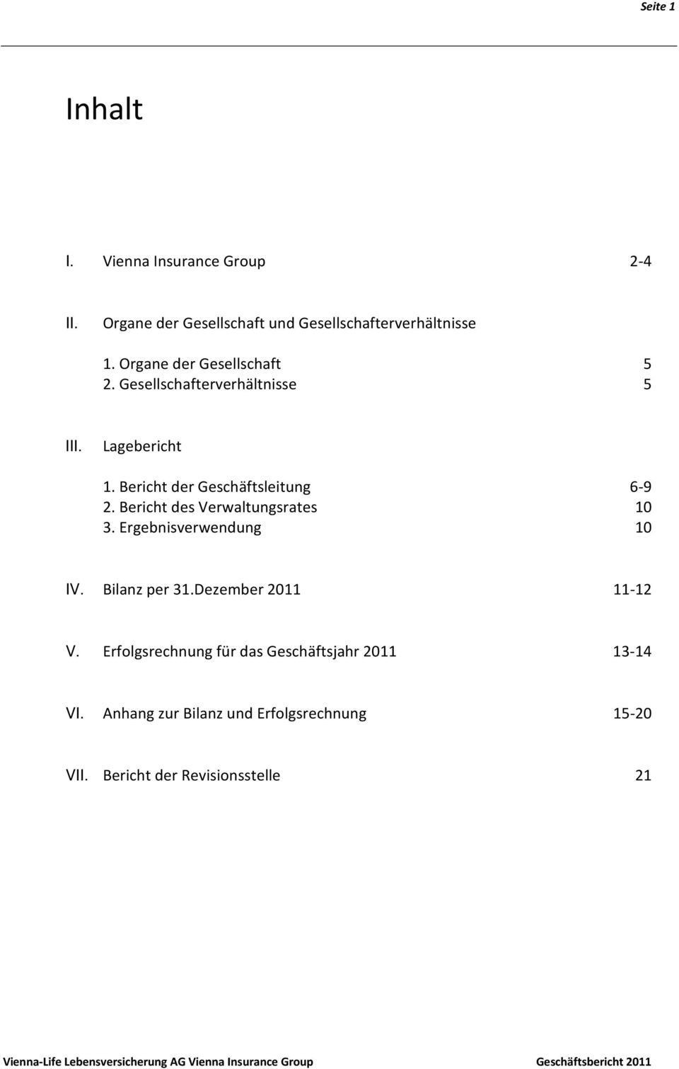 Bericht des Verwaltungsrates 10 3. Ergebnisverwendung 10 IV. Bilanz per 31.Dezember 2011 11-12 V.
