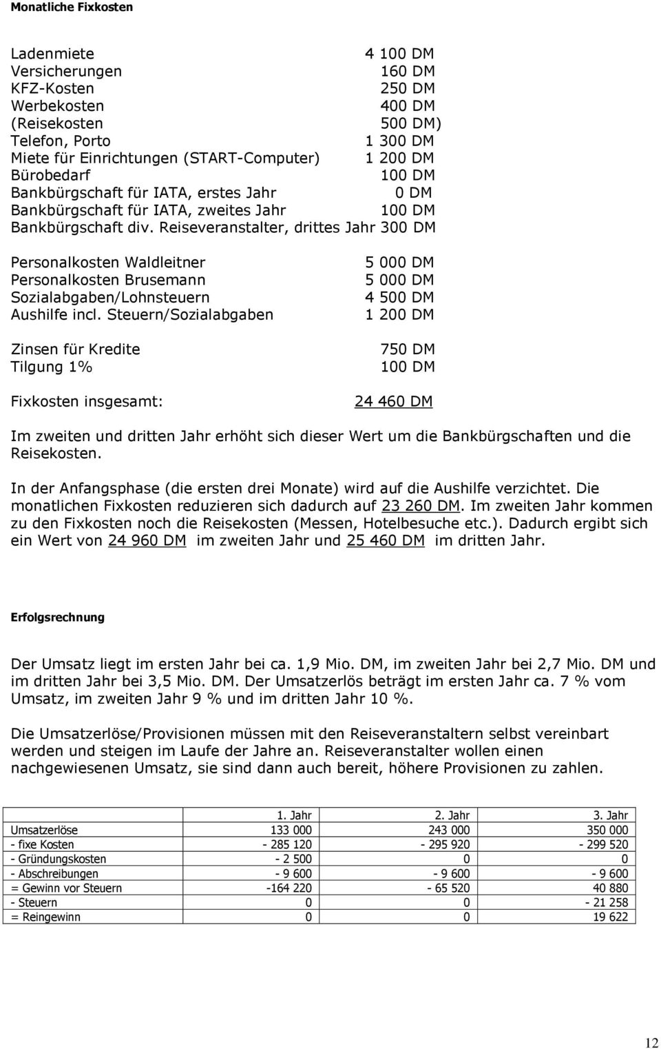 Reiseveranstalter, drittes Jahr 3 DM Personalkosten Waldleitner Personalkosten Brusemann Sozialabgaben/Lohnsteuern Aushilfe incl.