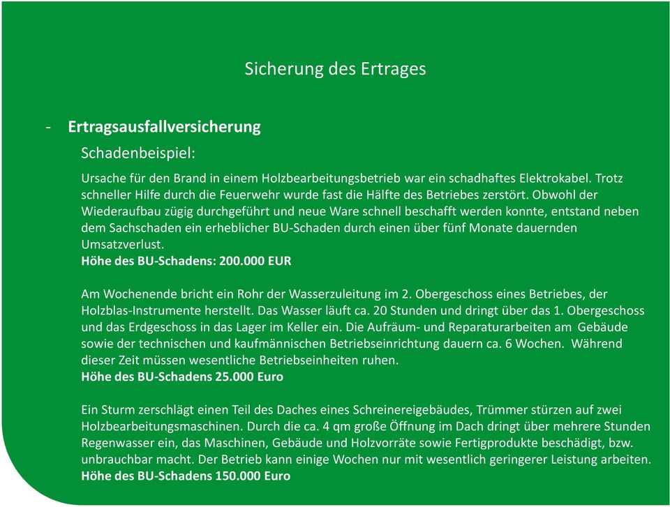 Obwohl der Wiederaufbau zügig durchgeführt und neue Ware schnell beschafft werden konnte, entstand neben dem Sachschaden ein erheblicher BU-Schaden durch einen über fünf Monate dauernden