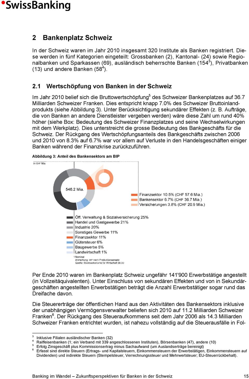 (58 4 ). 2.1 Wertschöpfung von Banken in der Schweiz Im Jahr 2010 belief sich die Bruttowertschöpfung 5 des Schweizer Bankenplatzes auf 36.7 Milliarden Schweizer Franken. Dies entspricht knapp 7.