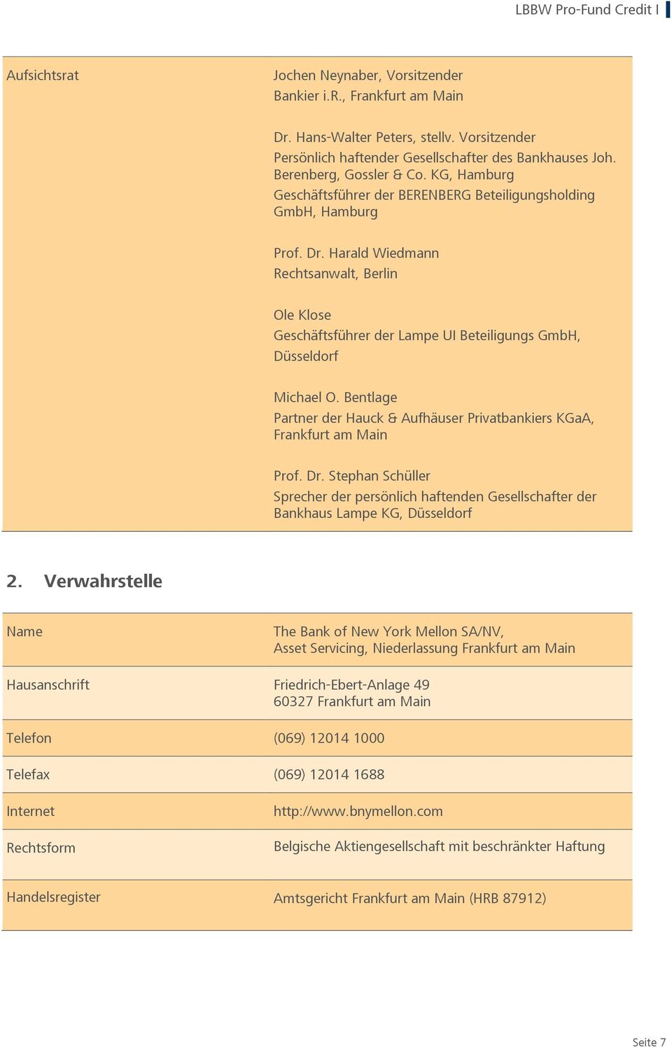 Harald Wiedmann Rechtsanwalt, Berlin Ole Klose Geschäftsführer der Lampe UI Beteiligungs GmbH, Düsseldorf Michael O. Bentlage Partner der Hauck & Aufhäuser Privatbankiers KGaA, Frankfurt am Main Prof.