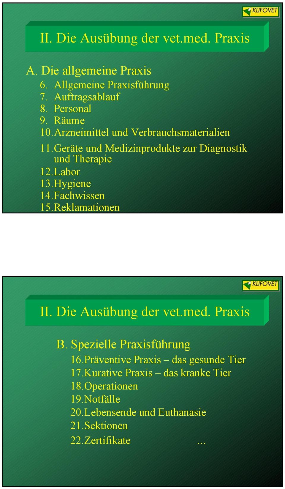 Hygiene 14.Fachwissen 15.Reklamationen II. Die Ausübung der vet.med. Praxis B. Spezielle Praxisführung 16.