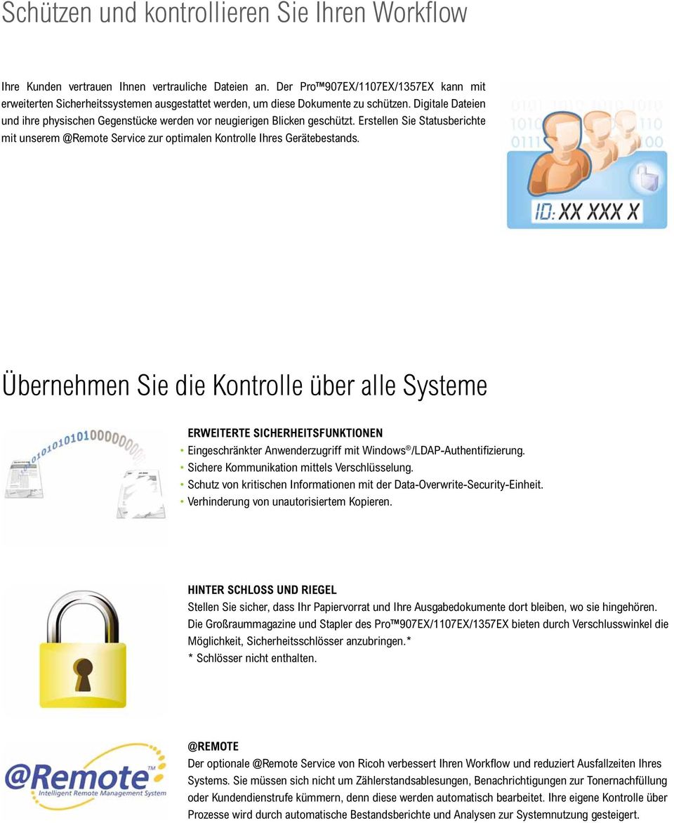 Digitale Dateien und ihre physischen Gegenstücke werden vor neugierigen Blicken geschützt. Erstellen Sie Statusberichte mit unserem @Remote Service zur optimalen Kontrolle Ihres Gerätebestands.