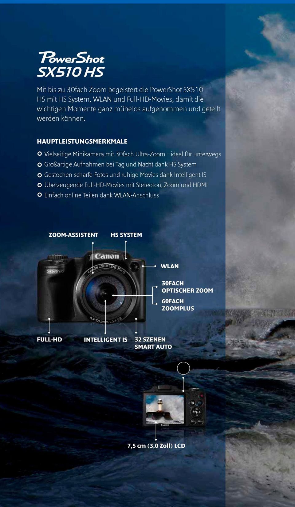 HAUPTLEISTUNGSMERKMALE Vielseitige Minikamera mit 30fach Ultra-Zoom ideal für unterwegs Großartige Aufnahmen bei Tag und Nacht dank HS System Gestochen