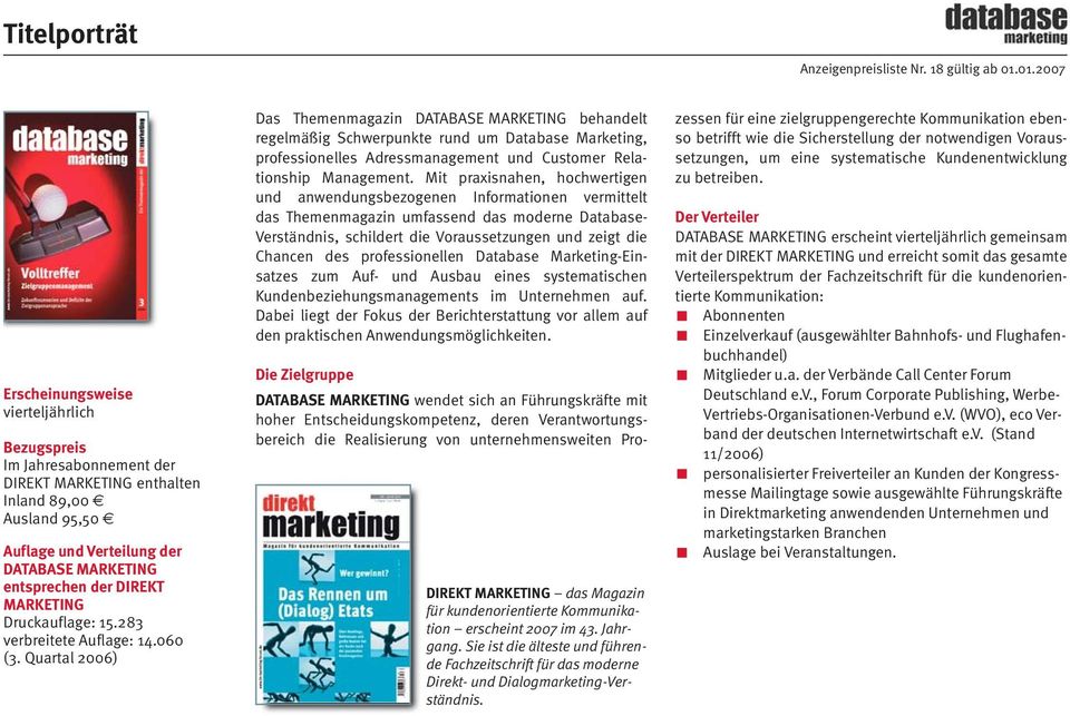 Quartal 2006) Das Themenmagazin DATABASE MARKETING behandelt regelmäßig Schwerpunkte rund um Database Marketing, professionelles Adressmanagement und Customer Relationship Management.