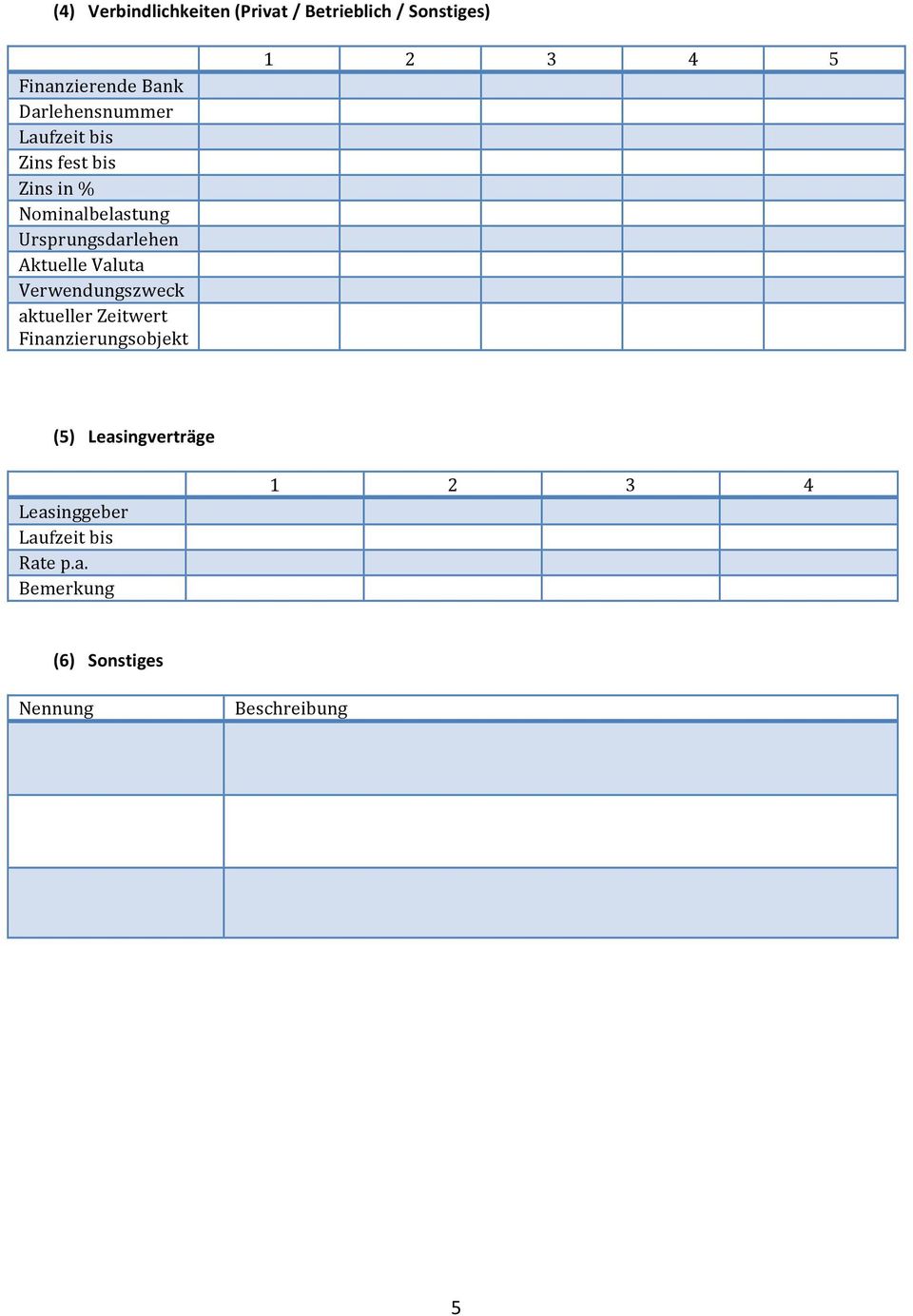 Aktuelle Valuta Verwendungszweck aktueller Zeitwert Finanzierungsobjekt 1 2 3 4 5 (5)