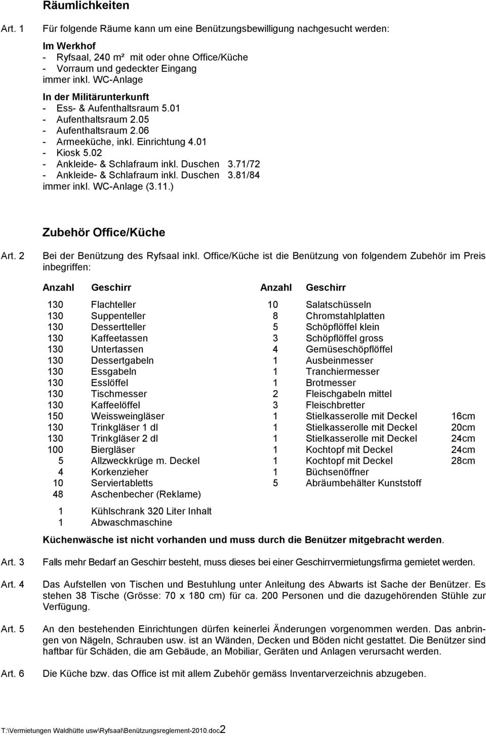 Duschen 3.71/72 - Ankleide- & Schlafraum inkl. Duschen 3.81/84 immer inkl. WC-Anlage (3.11.) Zubehör Office/Küche Art. 2 Bei der Benützung des Ryfsaal inkl.