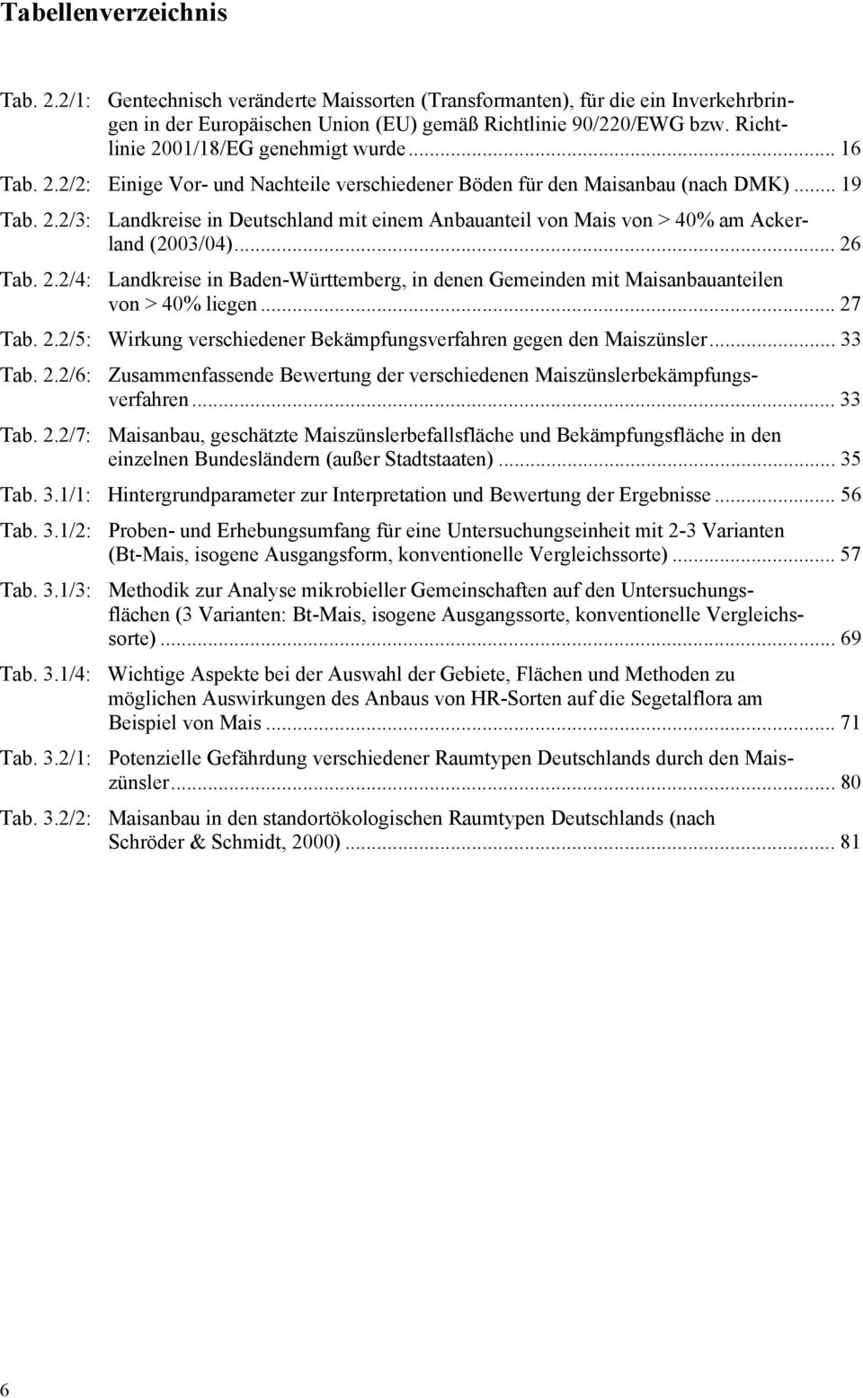 .. 26 Tab. 2.2/4: Landkreise in Baden-Württemberg, in denen Gemeinden mit Maisanbauanteilen von > 40% liegen... 27 Tab. 2.2/5: Wirkung verschiedener Bekämpfungsverfahren gegen den Maiszünsler... 33 Tab.