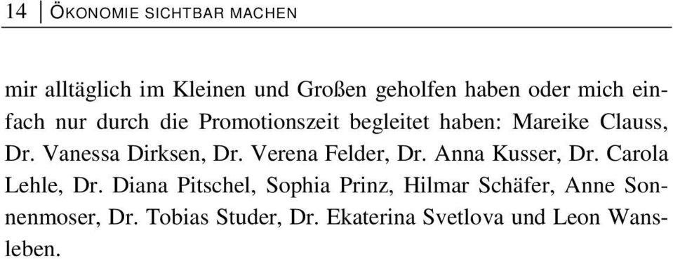 Vanessa Dirksen, Dr. Verena Felder, Dr. Anna Kusser, Dr. Carola Lehle, Dr.