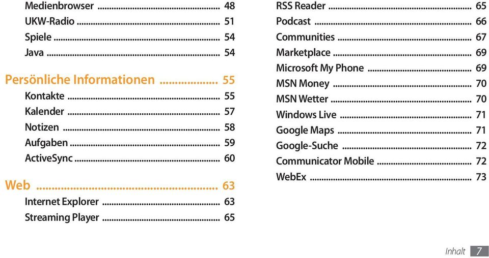 .. 63 Streaming Player... 65 RSS Reader... 65 Podcast... 66 Communities... 67 Marketplace... 69 Microsoft My Phone.