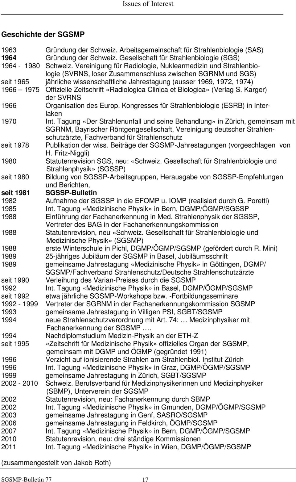 1975 Offizielle Zeitschrift «Radiologica Clinica et Biologica» (Verlag S. Karger) der SVRNS 1966 Organisation des Europ. Kongresses für Strahlenbiologie (ESRB) in Interlaken 1970 Int.