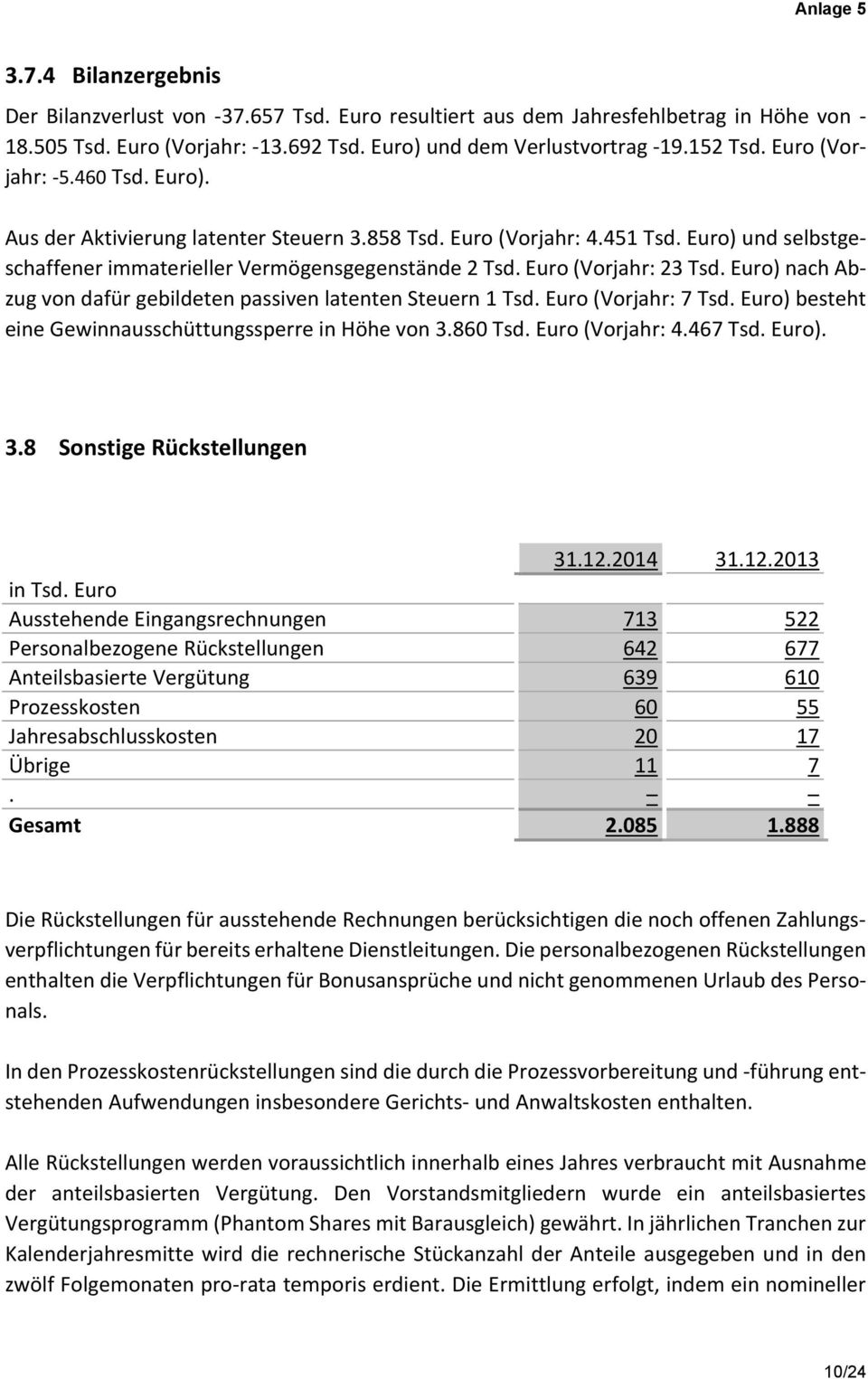 Euro (Vorjahr: 23 Tsd. Euro) nach Abzug von dafür gebildeten passiven latenten Steuern 1 Tsd. Euro (Vorjahr: 7 Tsd. Euro) besteht eine Gewinnausschüttungssperre in Höhe von 3.860 Tsd.