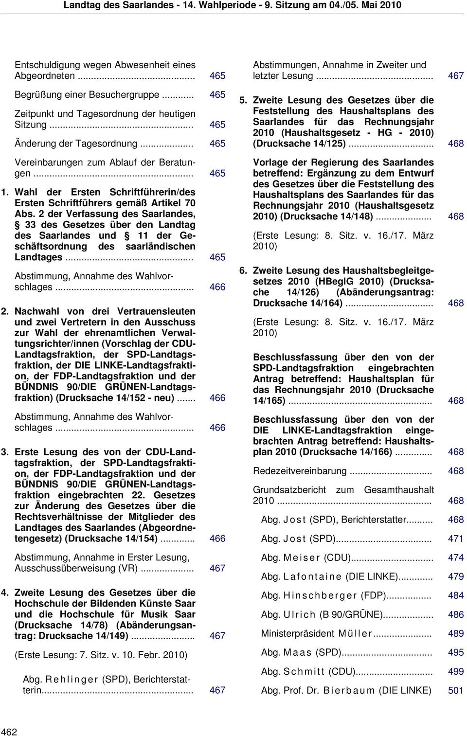 2 der Verfassung des Saarlandes, 33 des Gesetzes über den Landtag des Saarlandes und 11 der Geschäftsordnung des saarländischen Landtages... 465 Abstimmung, Annahme des Wahlvorschlages... 466 2.