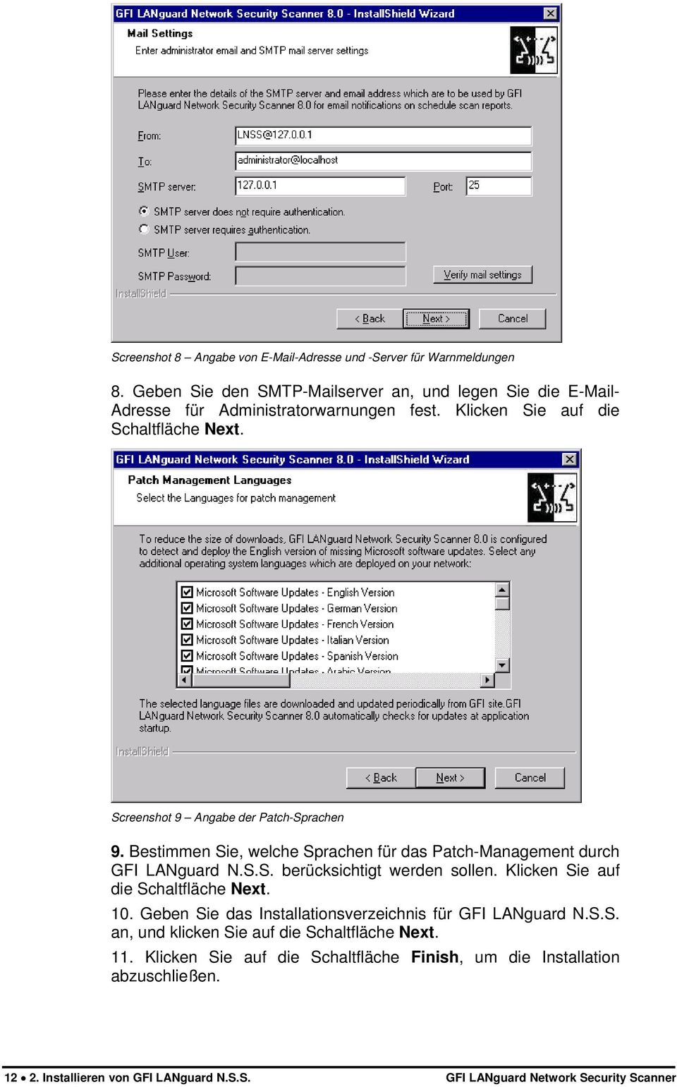 Screenshot 9 Angabe der Patch-Sprachen 9. Bestimmen Sie, welche Sprachen für das Patch-Management durch GFI LANguard N.S.S. berücksichtigt werden sollen.