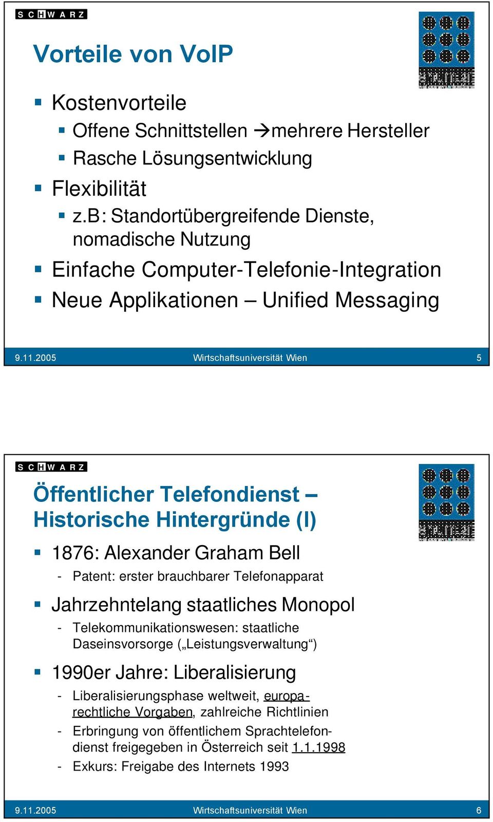 2005 Wirtschaftsuniversität Wien 5 Historische Hintergründe (I) 1876: Alexander Graham Bell - Patent: erster brauchbarer Telefonapparat Jahrzehntelang staatliches Monopol -