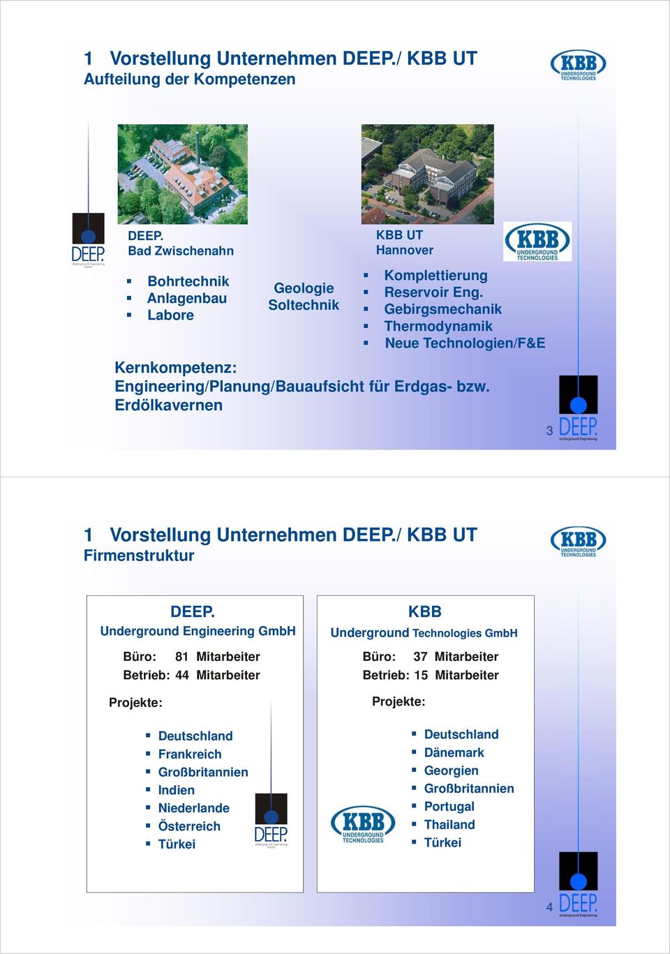 Gebirgsmechanik Thermodynamik Neue Technologien/F&E Kernkompetenz: Engineering/Planung/Bauaufsicht für Erdgas- bzw. Erdölkavernen 3 1 Vorstellung Unternehmen DEEP.